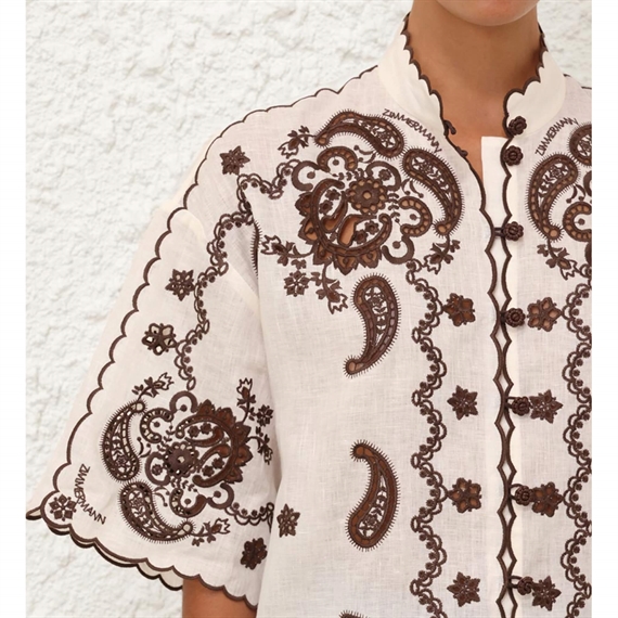 Zimmermann Ascension Embroidered Skjorte, Ivory/Chocolate
